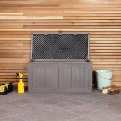 Image of Charles Bentley, 190L, Outdoor, Garden, Plastic, Storage Box, Grey Body, 2 Plastic Straps, Padlock Hasp, Close, Sturdy PP Vacuum, Indoor, Steel, Chest (96cmx49.3cmx45.8cm)