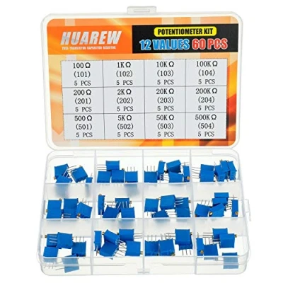 Image of HUAREW 12 Values 60 Pcs 3296W Multiturn Trimmer Potentiometer 100 500 K Ohm Blue 3296 Top Adjustment Variable Resistor Assortment Kit