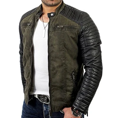 Image of RED BRIDGE Men&#039;s Jacket Slim Fit Casual Faux Leather Cotton Biker Modern Coats Khaki