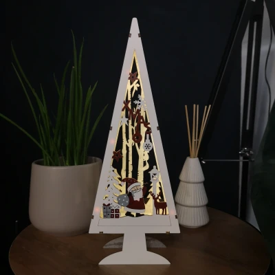 Image of 35cm Battery Operated Wooden Lit Tree with Santa Scene Christmas Decoration