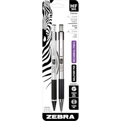 Image of Zebra M/F 301 Stainless Steel Mechanical Pencil and Ballpoint Pen Set, Fine Point, 0.5mm HB Lead 0.7mm Black Ink Pen, 2 Count