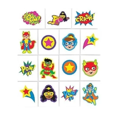 Image of Baker Ross AW723 Superhero Tattoos Wear, for Party Bag Fillers and Small Toys Kids, Assorted, (Pack of 24)