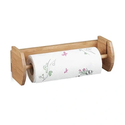 Image of Relaxdays Bamboo Wall Holder, Size: 12 x 37 13 cm Wooden Dispenser for Holding Towels and Toilet Paper, Kitchen Accessory Wood, Natural Brown,