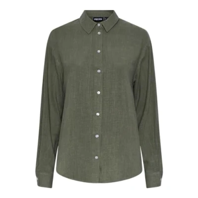 Image of PIECES Women&#039;s Pcvinsty LS Shirt Noos Blouse, Deep Lichen Green, XS