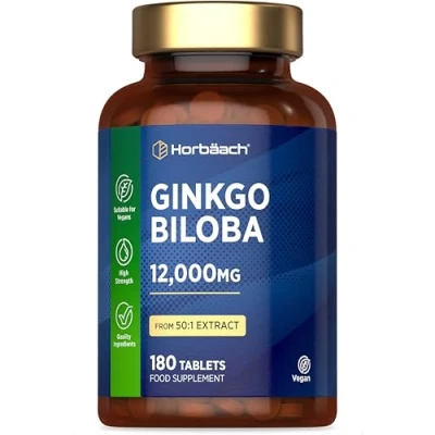 Image of Ginkgo Biloba 12000mg 180 Vegan Tablets High Strength Standardised 50:1 Extract 24% Glycosides &amp; 6% Lactones Circulation Mental Performance No Artificial Preservatives by Horbaach