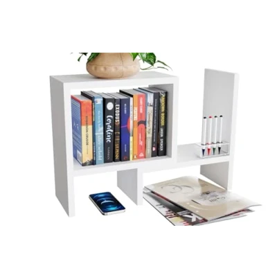 Image of ComfortCove Adjustable Bookshelf Bookcase, Desktop Bookshelf, Desk Storage Organizer, Freestanding Kitchen Office Rack, White