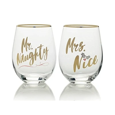 Image of Mikasa &#039;Celebrations&#039; Christmas Stemless Wine Glasses with Festive Mr Naughty andMrs Nice Prints, 468 ml Clear/Gold (Set of 2)