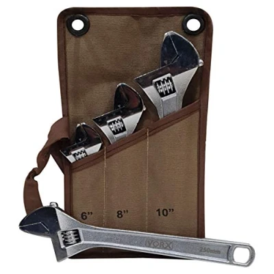 Image of VORX 3pc CRV Adjustable Wrench Spanner Plumbing/Shifting (6, 8, 10) Chrome Vanadium Steel Plated, 150mm, 200mm,250mm, Set in Canvas Storage Pouch