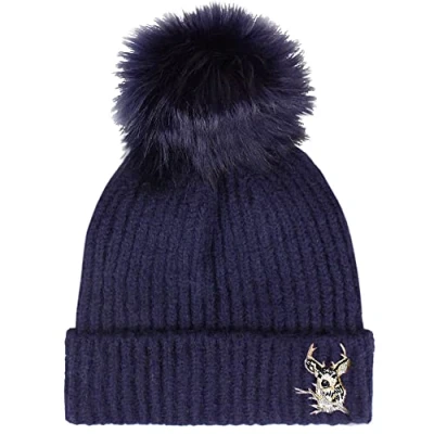 Image of TeddyT&#039;s Ladies Luxury Embroidered Silver Stag Fleece Lined Bobble Hat (Grape Purple)
