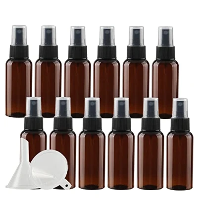 Image of ZEOABSY 12 Pcs Brown 50ml Empty Fine Mist Plastic Spray Bottles Travel Atomiser Bottle Set, Portable Small Refillable Sprayer with Black Pump Head, 2 Funnels