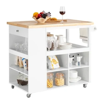 Image of SoBuy FKW97 WN, Kitchen Storage Trolley Cabinet Cupboard Sideboard Island with Rubber Wood Worktop