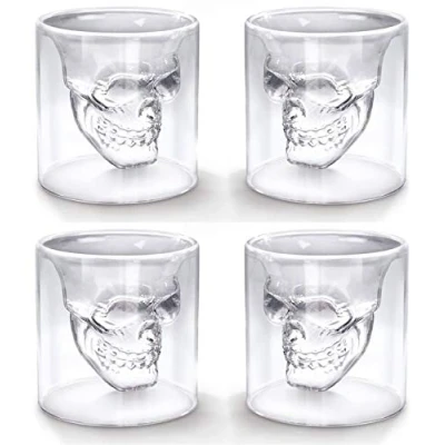 Image of Eidoct Crystal Skull Shot Glasses Double Wall Glass Cup,Funny Drinking Cup,Whiskey Glasses,Cool Beer Cup for Wine Cocktail Vodka,Set of 4 (75ml*4)