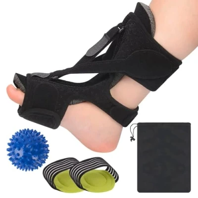 Image of supregear Plantar Fasciitis Night Splint Set, Adjustable 3 Straps Foot Support Ankle Brace with Massage Ball and Arch Supports for Flat Feet Achilles Tendonitis, Black