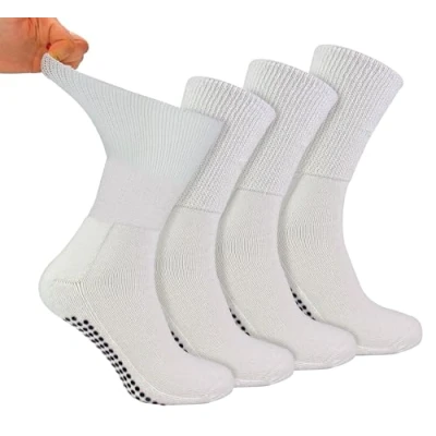 Image of Dr.Socks 4 Pack Bamboo Diabetic Socks with Grips Mens &amp; Ladies Extra Wide Slipper for Swollen Feet Legs (4 7, White)