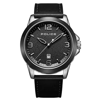 Image of Police Cliff Mens Watch with Matte Black Sandblast Dial and Leather Strap, 47mm Stainless Steel Case in Branded Box PEWJB2194540 2 Year Warranty