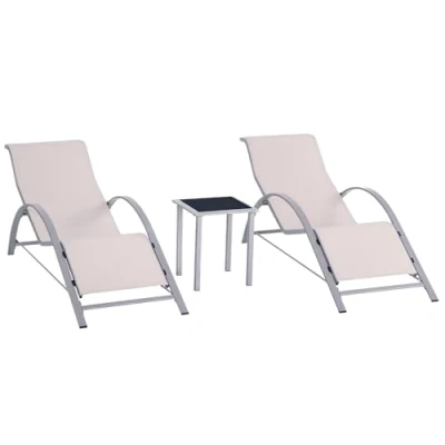 Image of Outsunny 3 Pieces Lounge Chair Set Metal Frame Garden Outdoor Recliner Sunbathing with Table, Cream