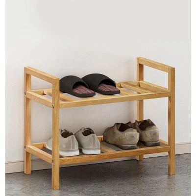 Image of Hallowood Furniture Rubberwood 2 Tier Shoe Rack, Solid Wood Storage Oak Rack for Hallway, Space Saving Storage, Modern Organiser 6 Pairs Shoes