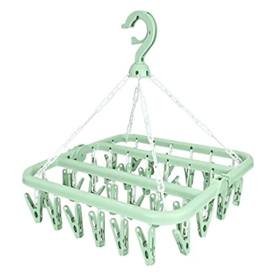 Image of Sock Dryer, Drying Rack with 32 Pegs Laundry Drip Hanger, Foldable Indoor Hanging Dryer Windproof Hook Clips for Socks Underwear Shoe Insoles Baby Clothes Gloves Hats Green