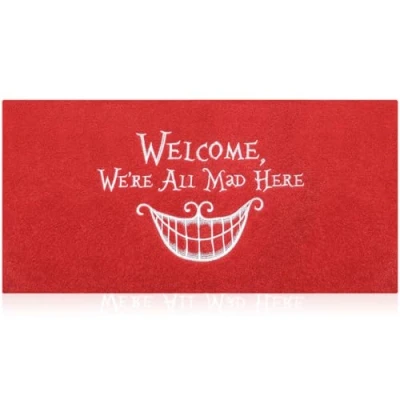 Image of AOAOPQ Door Mats for Outdoor Entrance Funny Welcome We re all mad Here 120x45 cm Red Mat Front Indoor Non Slip Backing Rubber Outside Doormat Pet
