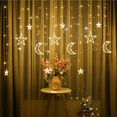 Image of ABIN Ramadan LED String Lights 3.5m Star Moon Curtain Garland Wedding Decorations for Christmas, Wedding, Party, Home, Terrace, Ramadan, Lawn (Warm White)