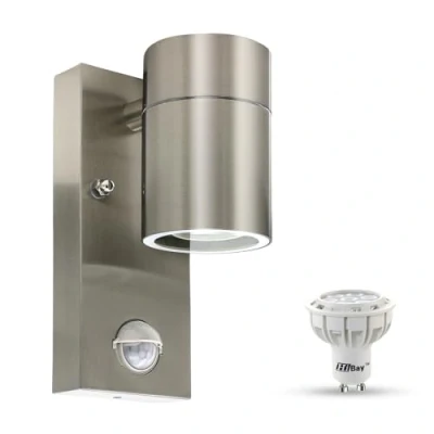 Image of HiBay 1x Outdoor Wall Lights Motion Sensor,Outside Light with PIR Sensor Mains Powered, Stainless Steel Security Lighting IP44 7W GU10 LED Warm White Bulb