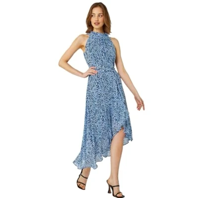 Image of Roman Originals Women Halter Neck Frill Midi Dress Ladies Special Occasion Evening Party Wedding Guest Print Ruffle Detail Sleeveless Round Dresses Blue Size 16