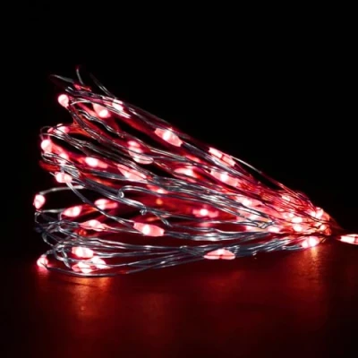 Image of ANSIO Fairy Lights Battery Operated 100 LED Copper Wire Indoor Outdoor Christmas Lights, Bedroom String 10m/33ft Ideal for Tree, Party&amp;Wedding Decorations Red Silver Cable