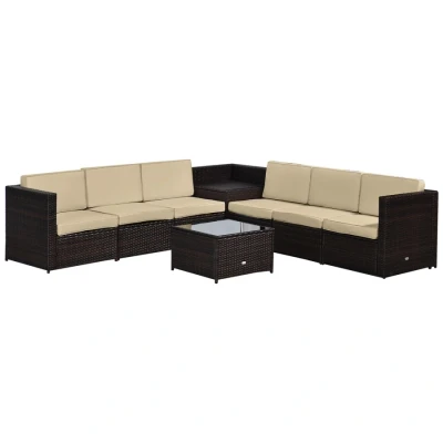 Image of Outsunny 8 Pieces Outdoor PE Rattan Sofa Set with Cushions, Patio Garden Furniture Sets Glass Top Coffee Table, Storage Corner Brown