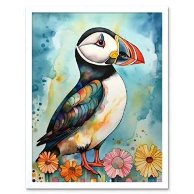 Image of Artery8 Puffin Bird With Flowers Folk Art Print Framed Poster Wall Decor 12x16 inch