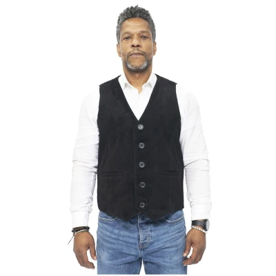 Image of Men&#039;s Smart Real Suede Leather Black Gilet Waistcoat Biker Fashion Vest 4XL