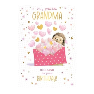 Image of Grandma Birthday Card Special Hedgehog and Love Hearts Design Finish Illustrated Insert Leaf Made in the UK Eco Friendly