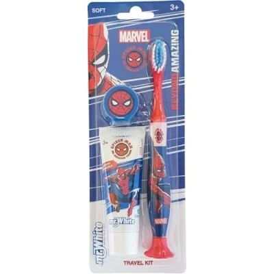 Image of Spiderman Oral Care Travel Kit Include Toothbrush with Protection Cap &amp; Strawberry Flavour Toothpaste 25ml Comfortable Handle and Soft Bristles Suction Cup Kids 3+