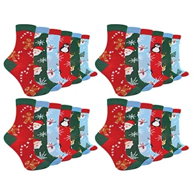 Image of Kids Christmas Socks Sock Snob Novelty Fun Pattern Xmas Gift for Boys &amp; Girls (9 12, 24 Pack)