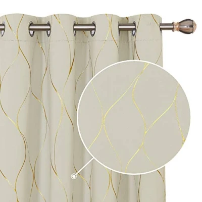 Image of Deconovo Room Darkening Curtains, Eyelet Thermal Insulated Gold Wave Foil Printed Curtains for Kids Bedroom, 46 x 72 Inch (Width Length), Beige, One Pair
