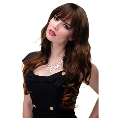 Image of Wig ME UP 285 2T30 Lady Quality very long beautiful curling ends straight top fringe bangs chestnut mixed brown approx 25inch