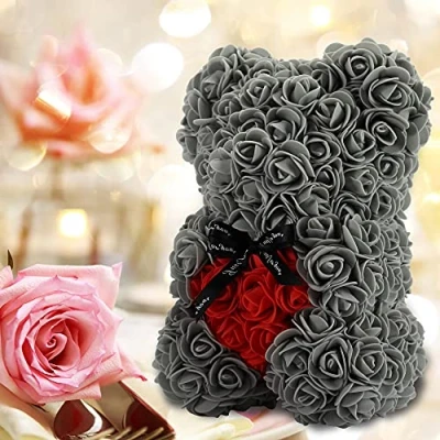 Image of Gifts for Women，Birthday ，Rose Flower Bear Hand Made Rose Teddy Bear,Best Artificial Decoration mom, Girls,Unique Gifts,The Perfect Party Clear Gift Box (Gray)