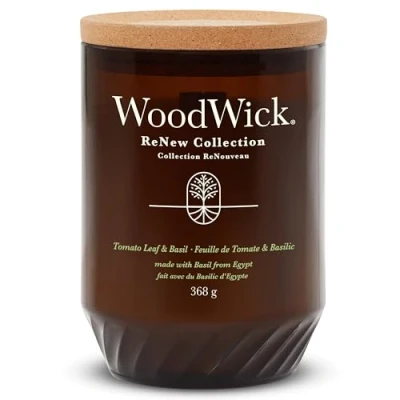 Image of WoodWick Renew Scented Candle with Crackling Wick Tomato Leaf and Basil Large Plant Based Soy Coconut Wax Blend Made Recycled Materials