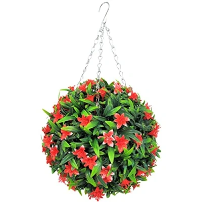 Image of Best Artificial 28cm Lily Topiary Hanging Flower Ball **UV Fade Protected** (Red)