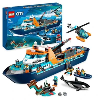 Image of LEGO City Arctic Explorer Ship, Large Toy Boat that Floats with a Helicopter, Dinghy, Sub, Viking Shipwreck, 7 Minifigures and an Orca Figure, Gift for 7+ Year Old Kids, Boys, Girls 60368