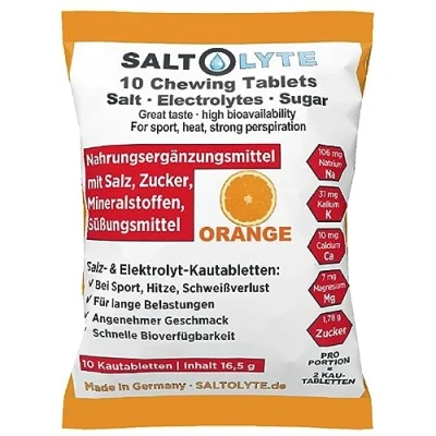 Image of SALTOLYTE 10 Chewing Tablets Orange in Sachet, Salt and Electrolyte Chewable with Sodium, Magnesium, Potassium, Calcium Flavour