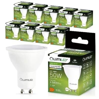 Image of LUMILED GU10 LED, 6 W 580 Lumen Bulb, 4000 K Neutral White Bulb Spotlight, Replaces 60 Halogen Bulbs, 120 Beam Angle Reflector Lamps, Pack of 10