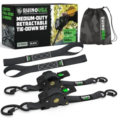 Image of Rhino USA Retractable Ratchet Tie Down Straps (2PK) 540kg Guaranteed Max Break Strength, Includes (2) Ultimate 2.5 cm x 3 m Autoretract Downs with Padded Handles Black