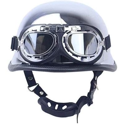 Image of Ever TA Motorcycle Helmet, German Style Mirror Silver Chrome Half Helmets DOT/ECE Approved, Vintage Open Face Crusier Helmet Cap With Pilot Goggles, Chopper Scooter Retro Moped Moto