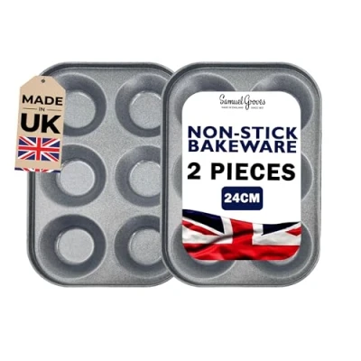 Image of Samuel Groves 2 Pack Bun Yorkshire Pudding, Cupcake, Muffin, Mince Pie Tray, Double Coil Coated Non Stick, UK Made Perfect for Air Fryer, PFOA &amp; BPA Free (6 Hole)