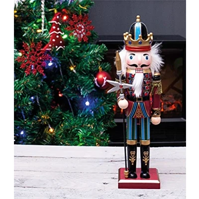 Image of St Helens Home &amp; Garden Nutcracker with Staff Christmas Decoration 30cm Height Wonderfully Festive Vibrant Colour Detail