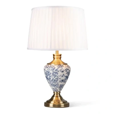 Image of Lighting Supermarket Hepburn Large Ceramic Table Lamp with Ivory Pleated Shade Modern White, Blue, Antique Brass