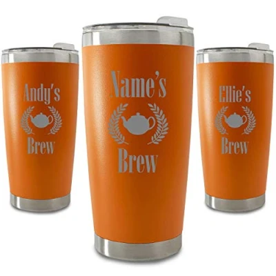 Image of Personalised Engraved 500ml Orange Travel Cup with Name&#039;s Brew Design, Personalise Any Name