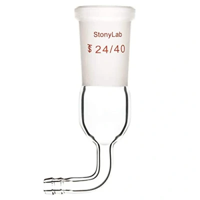 Image of stonylab Glass 90 Degree Vacuum/Inert Gas Adapter, Borosilicate Bent Inlet Adapter with 24/40 Outer Joint and Hose for Laboratory Lab Supply