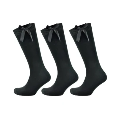 Image of Undercover Ltd Girls 3 Pairs Knee High Socks With Ribbon Bow Black 9 12 (EU 27 30)