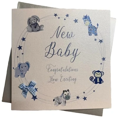 Image of WHITE COTTON CARDS Blue Bunny, Congratulations Exciting Handmade Large New Baby Boy Card, XN220S
